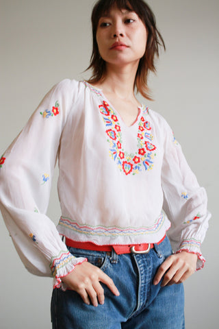 1940s Rayon Embroidered Hungarian Peasant Blouse