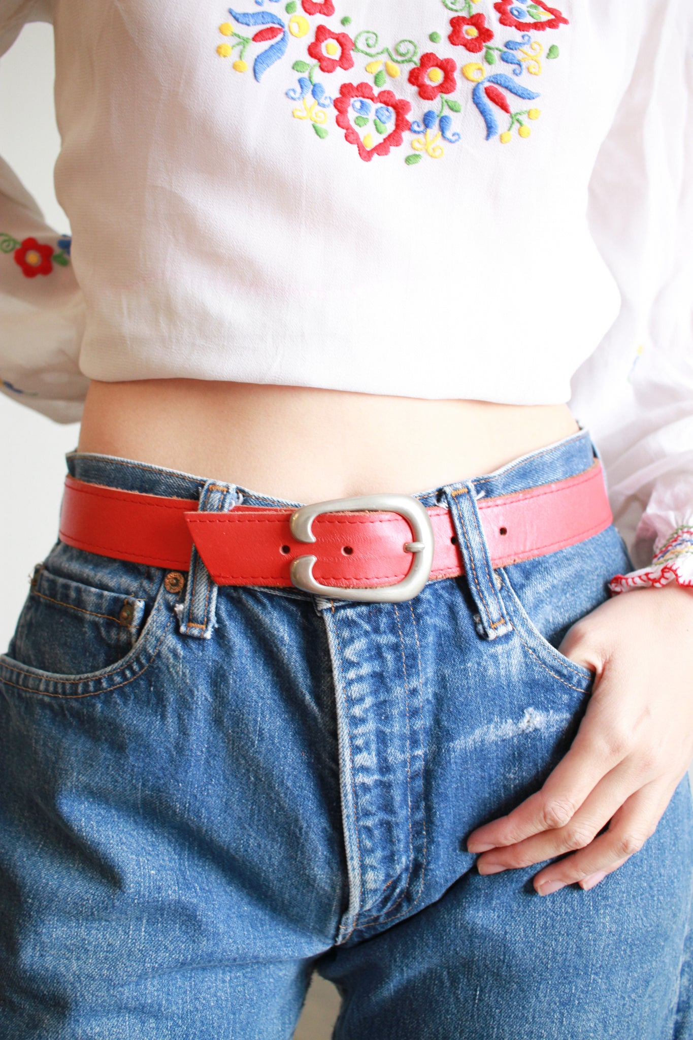 1970s French Cherry Red Leather Belt