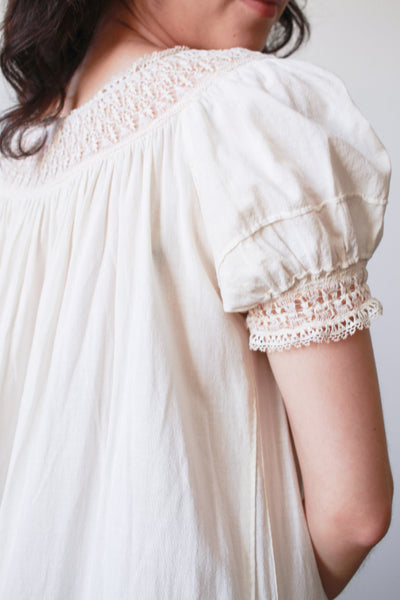 1910s Ivory Cotton Lace Trim Puff Sleeve Nightgown