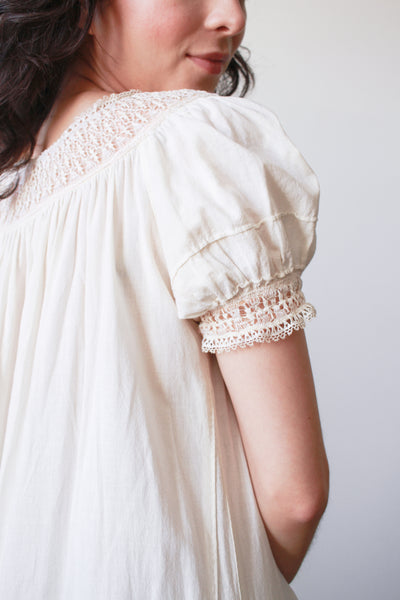 1910s Ivory Cotton Lace Trim Puff Sleeve Nightgown