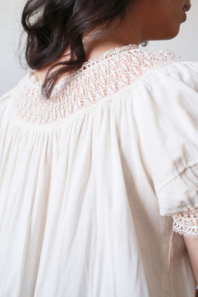 1910s Ivory Cotton Lace Trim Puff Sleeve Nightgown