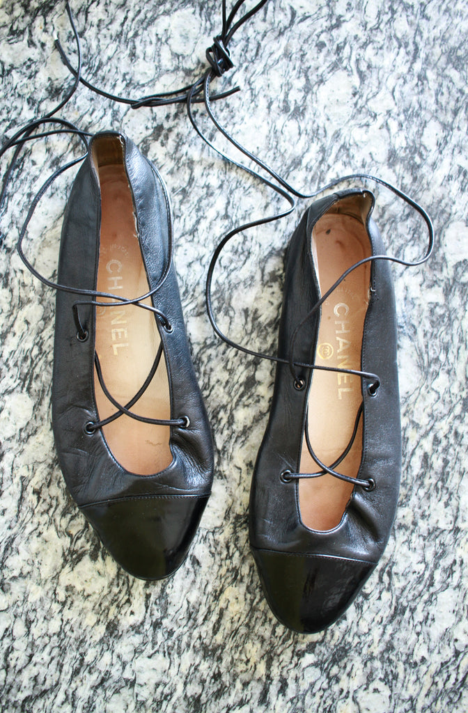 1980s Chanel Black Leather Lace Up Ballet Flats