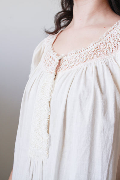 1910s Ivory Cotton Lace Trim Puff Sleeve Nightgown