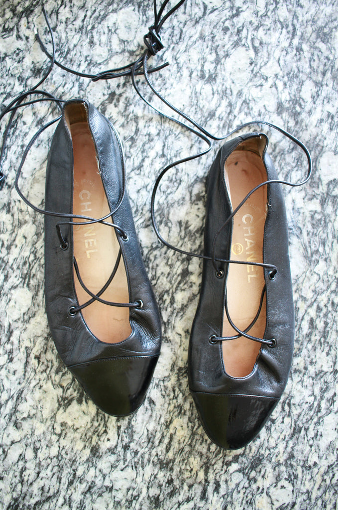 1980s Chanel Black Leather Lace Up Ballet Flats
