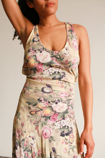 1990s Floral Print Rayon Tank Bias Dress