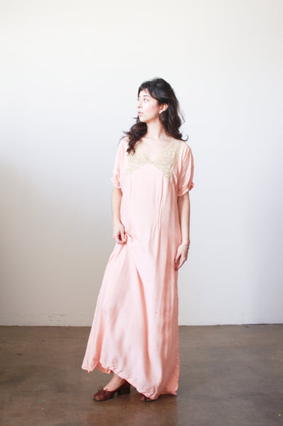 Antique Edwardian Blush Pink Crochet Trim Nightgown