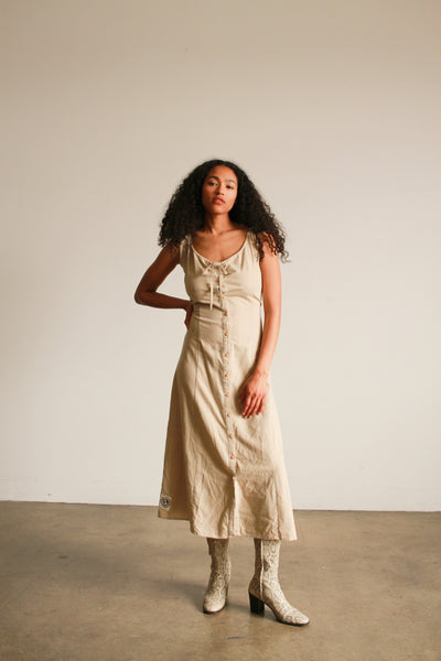 1980s Beige Raw Silk Button Up Dress