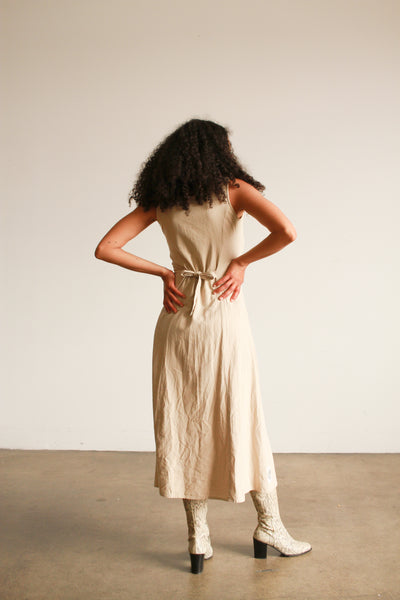 1980s Beige Raw Silk Button Up Dress