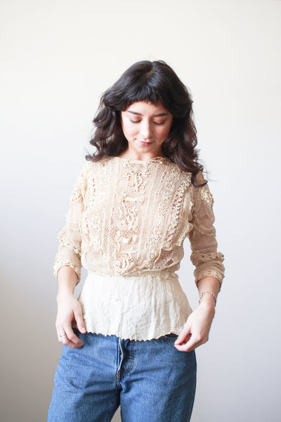 1900s Beige Cotton Irish Crochet Blouse