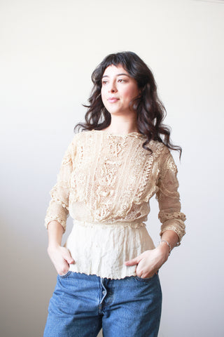 1900s Beige Cotton Irish Crochet Blouse