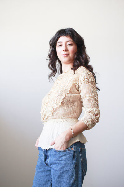 1900s Beige Cotton Irish Crochet Blouse