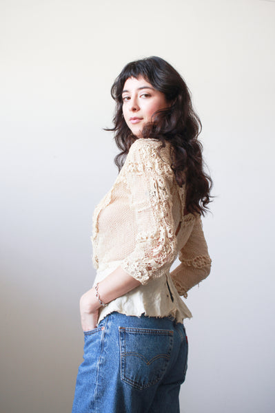 1900s Beige Cotton Irish Crochet Blouse