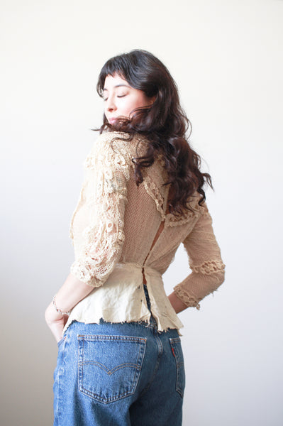 1900s Beige Cotton Irish Crochet Blouse