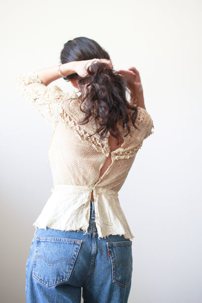 1900s Beige Cotton Irish Crochet Blouse