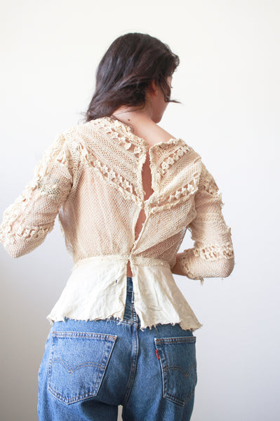 1900s Beige Cotton Irish Crochet Blouse