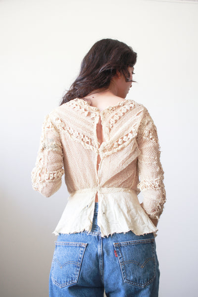 1900s Beige Cotton Irish Crochet Blouse