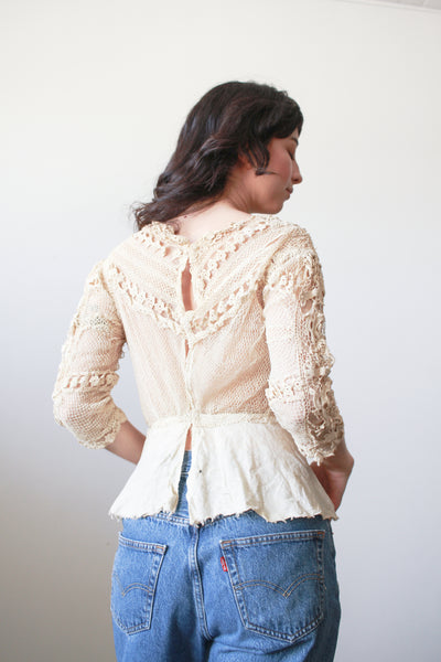 1900s Beige Cotton Irish Crochet Blouse