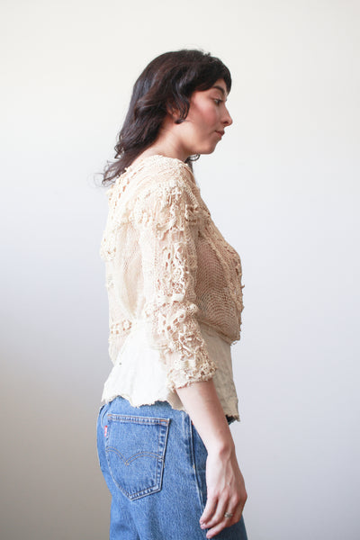 1900s Beige Cotton Irish Crochet Blouse
