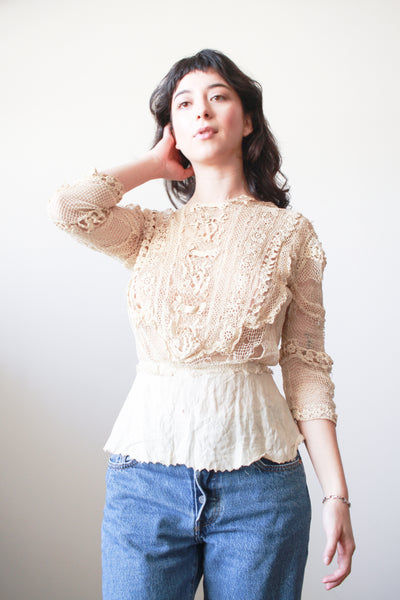 1900s Beige Cotton Irish Crochet Blouse
