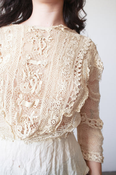 1900s Beige Cotton Irish Crochet Blouse