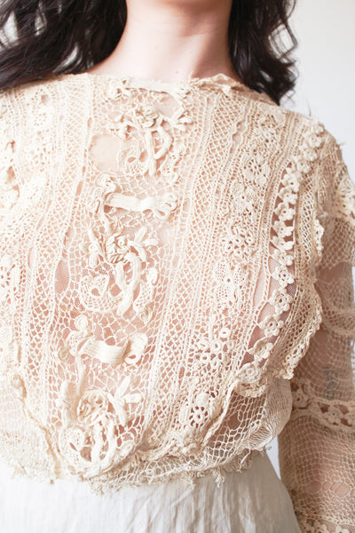 1900s Beige Cotton Irish Crochet Blouse
