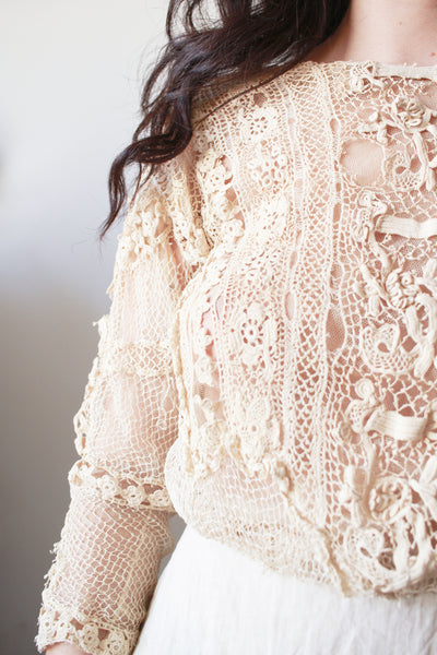 1900s Beige Cotton Irish Crochet Blouse