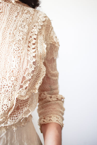 1900s Beige Cotton Irish Crochet Blouse