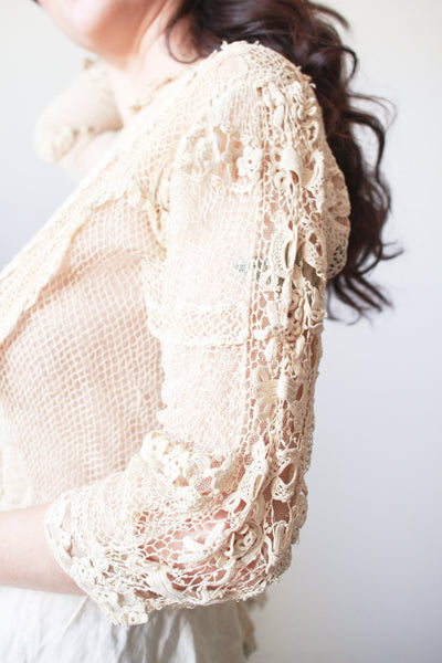 1900s Beige Cotton Irish Crochet Blouse