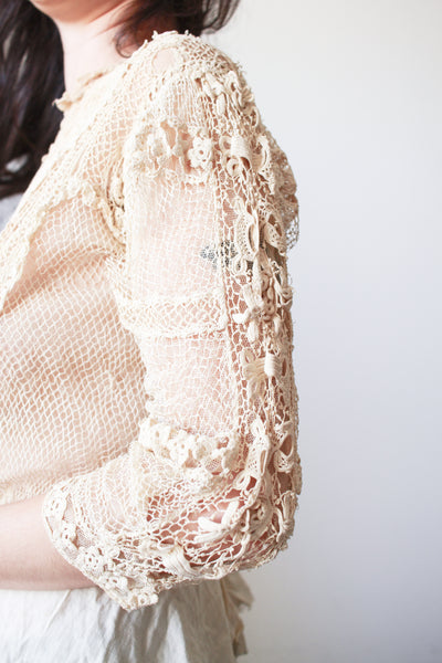 1900s Beige Cotton Irish Crochet Blouse