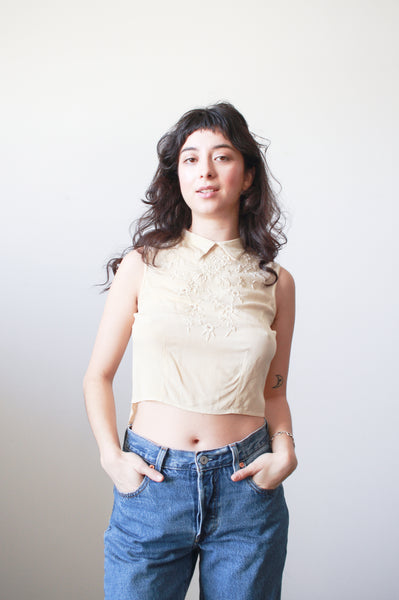1930s Ecru Pongee Silk Embroidered Sleeveless Blouse