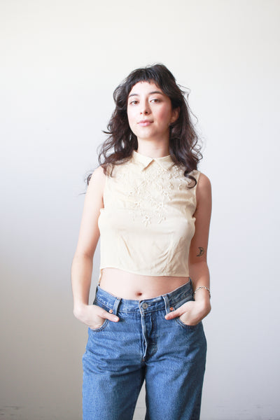 1930s Ecru Pongee Silk Embroidered Sleeveless Blouse