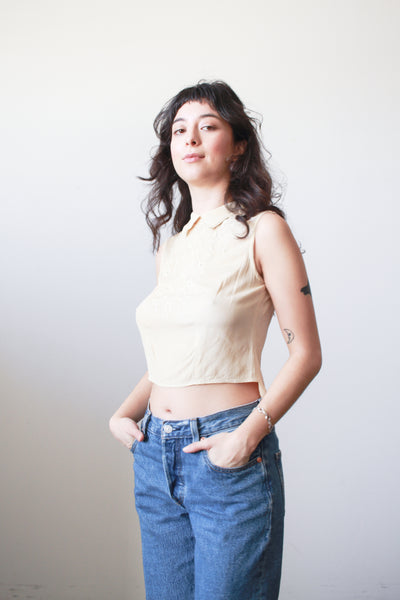 1930s Ecru Pongee Silk Embroidered Sleeveless Blouse