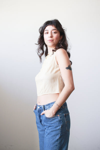 1930s Ecru Pongee Silk Embroidered Sleeveless Blouse