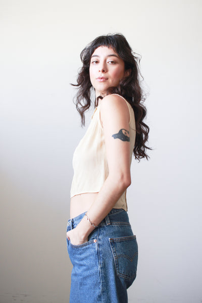 1930s Ecru Pongee Silk Embroidered Sleeveless Blouse