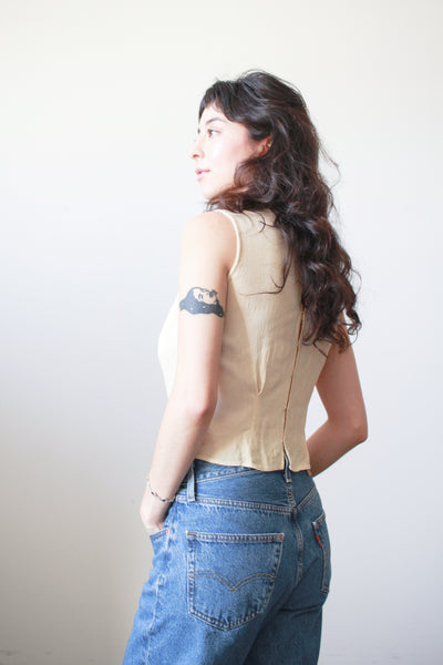 1930s Ecru Pongee Silk Embroidered Sleeveless Blouse