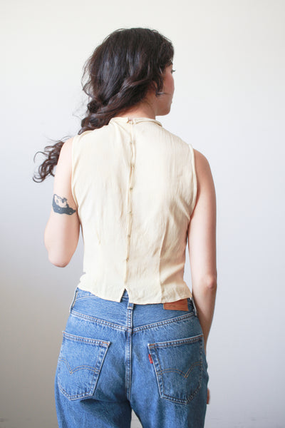1930s Ecru Pongee Silk Embroidered Sleeveless Blouse