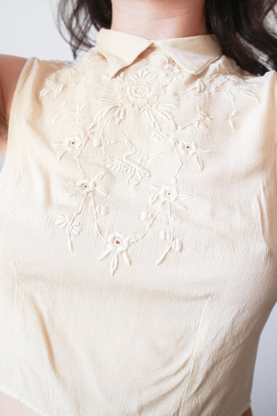 1930s Ecru Pongee Silk Embroidered Sleeveless Blouse