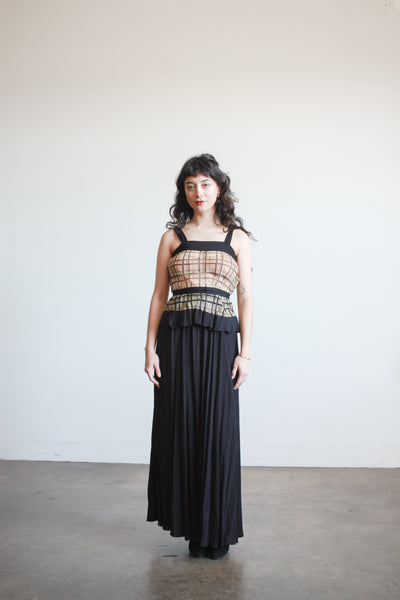 1930s Black and Tan Organza Plaid Dress