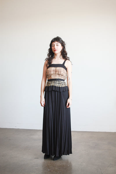 1930s Black and Tan Organza Plaid Dress