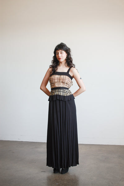 1930s Black and Tan Organza Plaid Dress