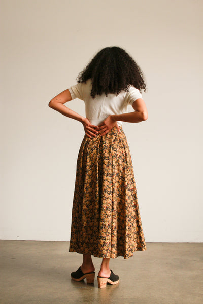 1980s DKNY Brown Floral Print Circle Skirt