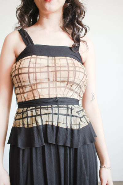 1930s Black and Tan Organza Plaid Dress