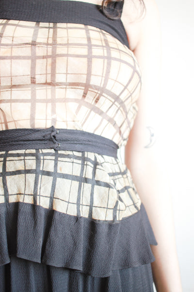 1930s Black and Tan Organza Plaid Dress