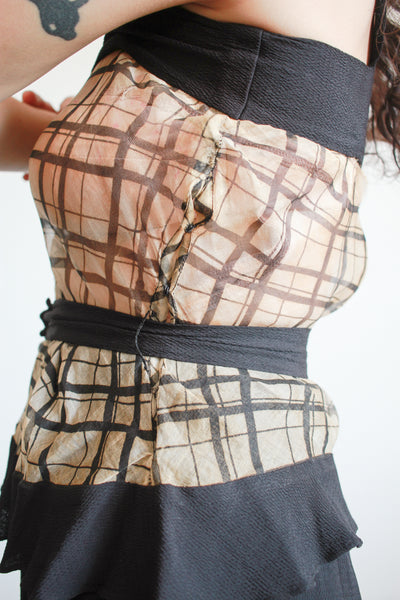1930s Black and Tan Organza Plaid Dress