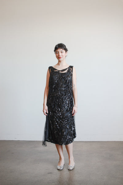1920s Black Sequin Drop Waist Dress