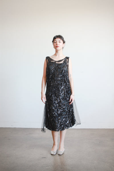 1920s Black Sequin Drop Waist Dress