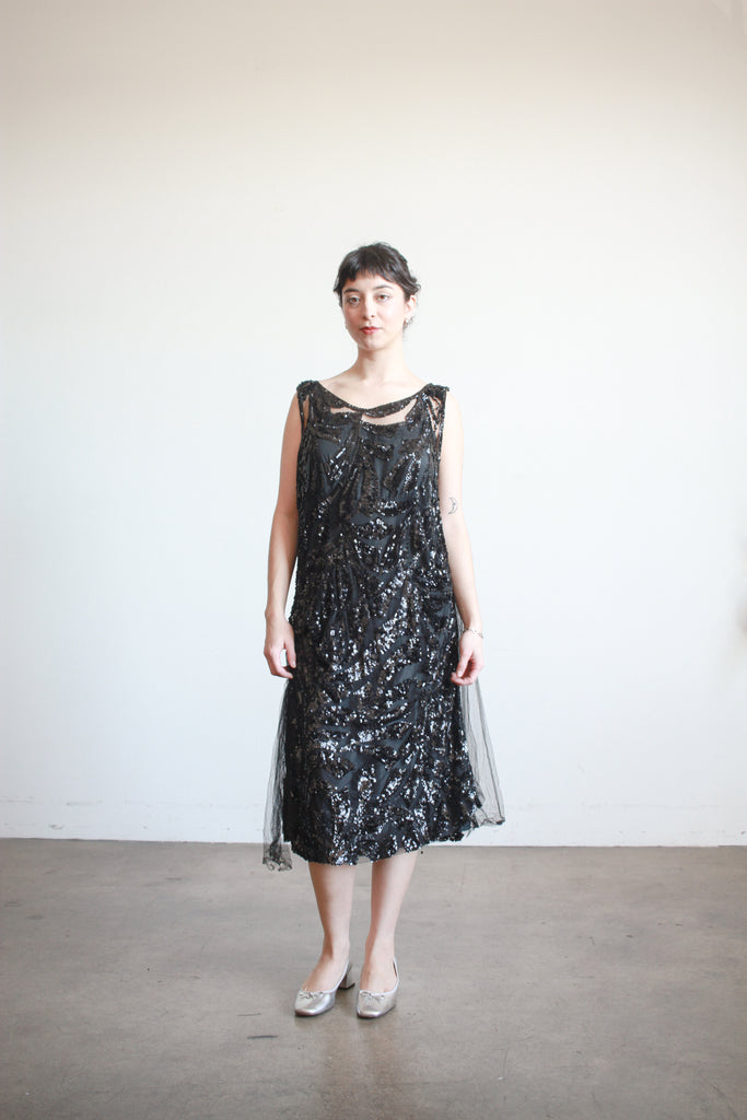 1920s Black Sequin Drop Waist Dress Blossom Vintage 1920s Black Sequin Drop Waist Dress Blossom Vintage