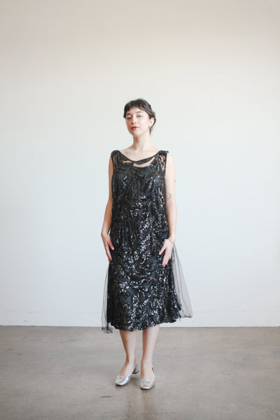 1920s Black Sequin Drop Waist Dress