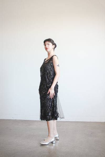 1920s Black Sequin Drop Waist Dress