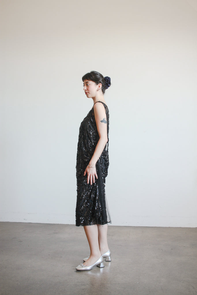 1920s Black Sequin Drop Waist Dress Blossom Vintage 1920s Black Sequin Drop Waist Dress Blossom Vintage